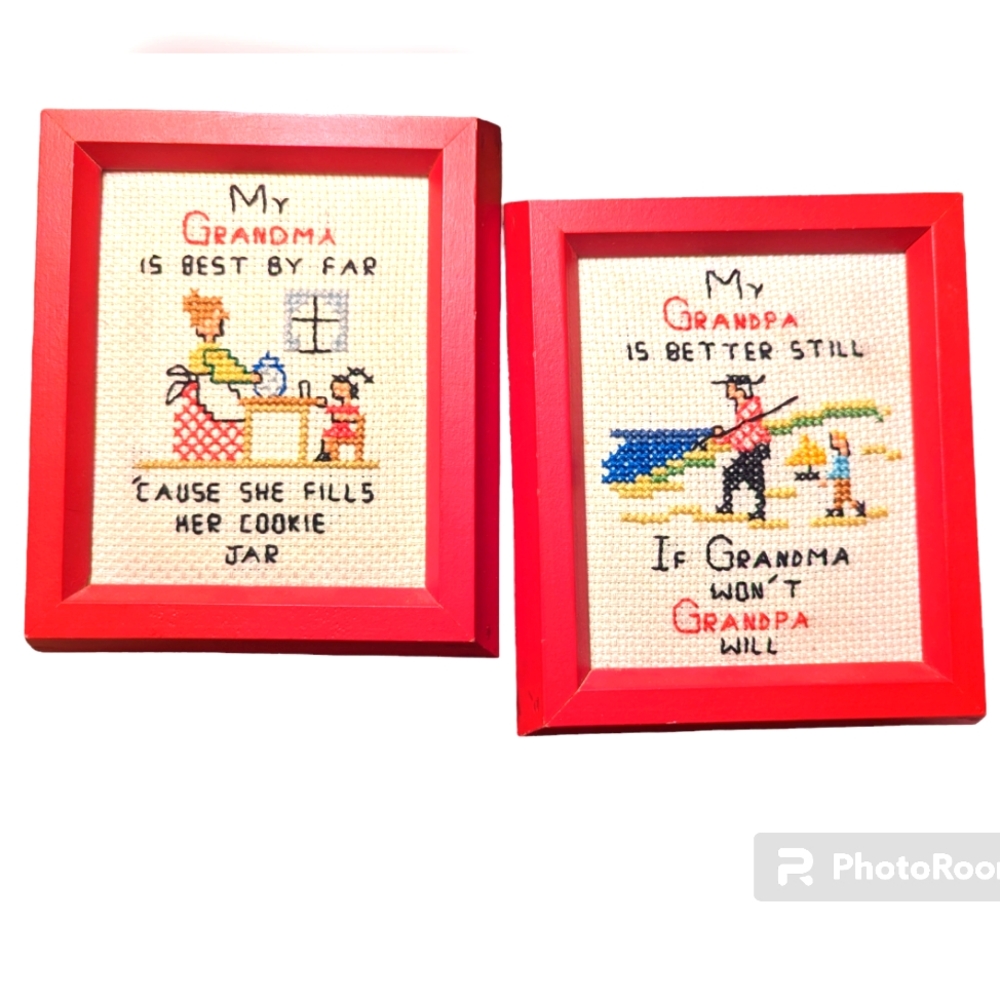 Vintage Cross‎ Stitch Red framed Country GRANDPARENTS Needlepoint Framed Country